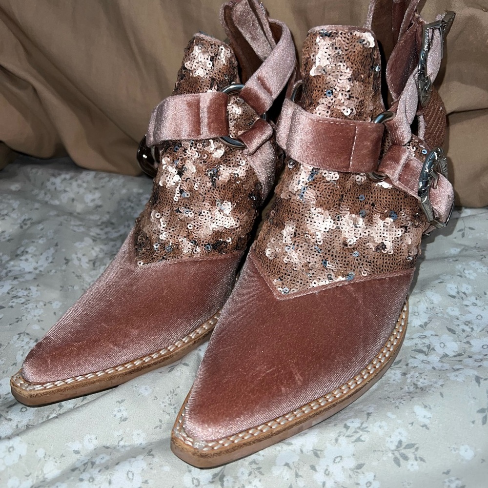 Gently used Free People Jeffrey Campbell Sequin Velvet Ankle Boots - pinl